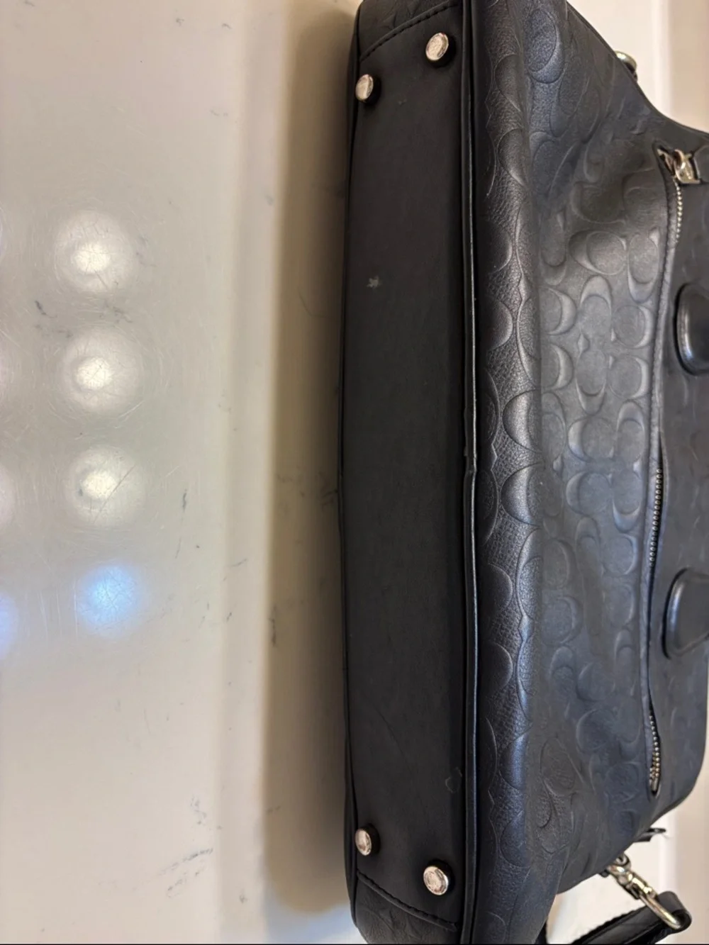 Coach Black Embossed Signature Leather Laptop Briefcase with Strap